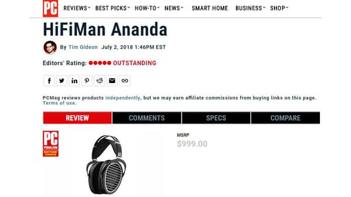 PCMag网站：五星好评！HIFIMAN ANANDA平板振膜耳机